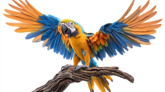 A brightly coloured parrot spreads its wings on a branch, providing an exotic backdrop for adverts for zoos or tropical holidays.
