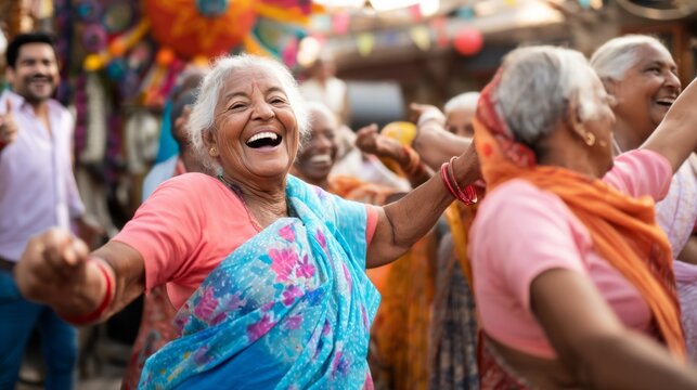 Joyful elderly woman dancing in a colorful traditional dress during a festival.