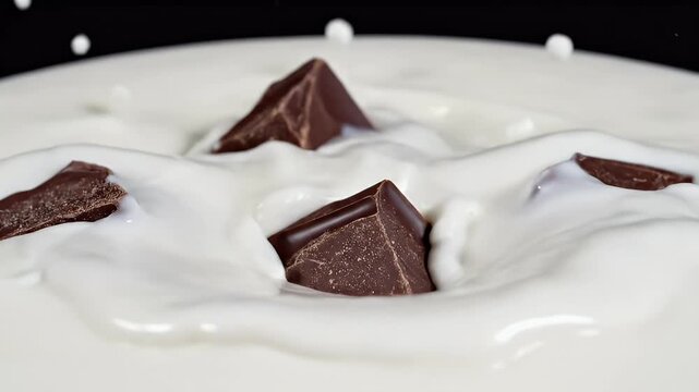 A close-up shot showcases chunks of dark chocolate partially submerged in a pool of creamy white milk, creating a visually appealing contrast of textures and colors.