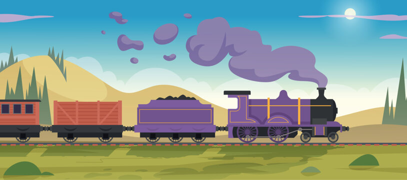 Steampunk background. Retro railway station with old style steam trains exact vector cartoon template