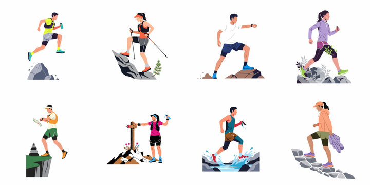 Set of trail runners and hikers in various outdoor adventure activities including mountain running, trekking, and exploring nature trails on a white background.