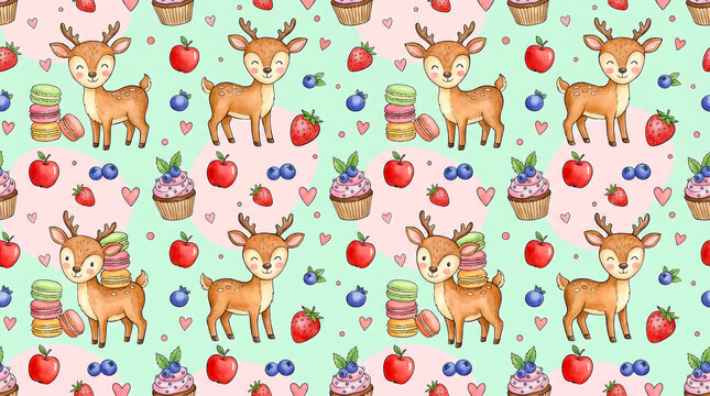 Seamless pattern of cartoon deer with strawberries and blueberries on pastel background