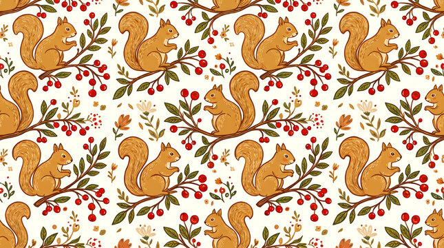 Vintage paper  wrapping of squirrels on a floral branch pattern