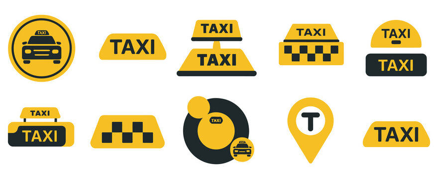 Set of taxi service vector signs, yellow black taxi icon collection, transportation and cab service symbols, modern flat vector design for ride hailing