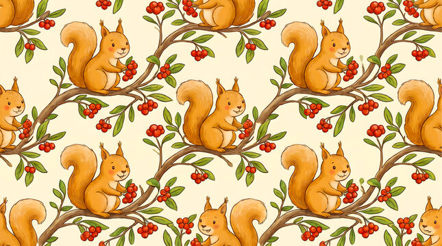 Cute squirrels sitting on tree branches with red berries in a repeating pattern paper wrapper