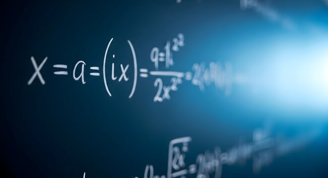 Academic chalkboard with complex mathematical equations and formulas on blue background.