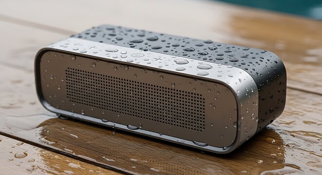 Portable Bluetooth speaker with textured surface resting on wooden deck.
