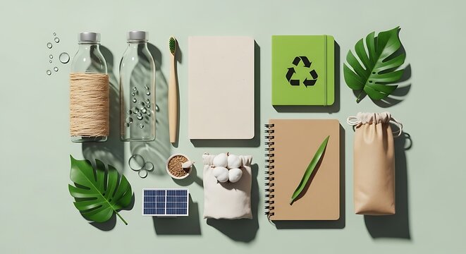 Barang perlengkapan ramah lingkungan dengan daun monstera dan panel surya