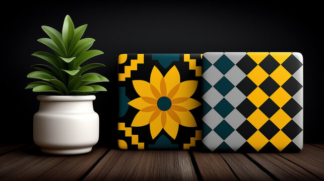 Decorative patterned storage boxes with potted plant on wooden table for stylish home decor and gift packaging