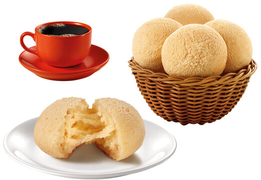 P&atilde;o de queijo brasileiro assado em cesta de vime com x&iacute;cara de caf&eacute; preto, isolado no fundo em fundo transparente