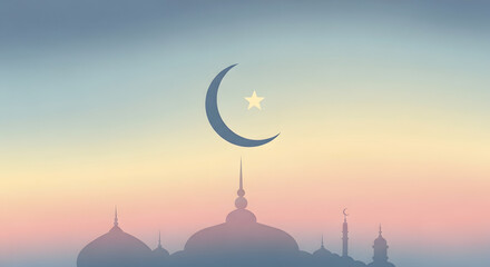 Obraz premium A serene Islamic background featuring silhouettes of mosque domes and minarets under a soft pastel sunset sky with a crescent moon and a single star