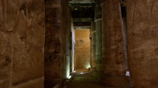 Ancient Egyptian hypostyle hall at Abydos temple of Seti I, Egypt, rows of massive columns with carved reliefs receding into atmospheric darkness and painted ceiling.