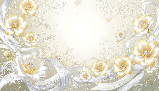 Elegant floral background with soft white and gold flowers.