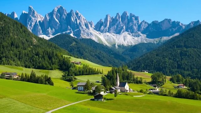 This view shows the harmony between the typical Alpine rural architecture and its iconic church,