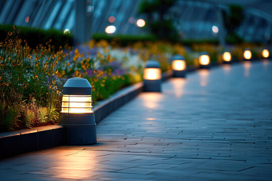 Illuminated pathway with modern lights and flowers lining a curved, tiled walkway during dusk.