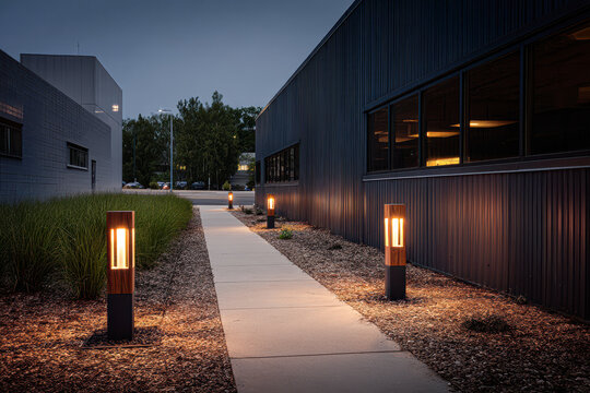 Modern outdoor pathway with illuminated bollard lights beside industrial buildings at dusk.