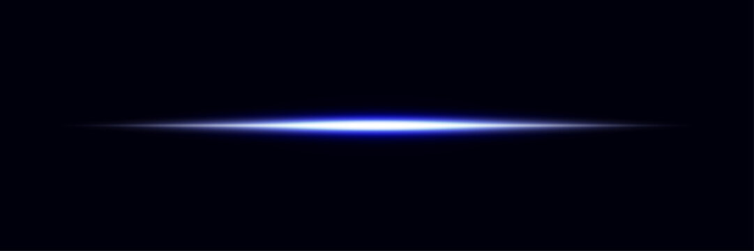 Single horizontal neon blue laser beam light flare isolated on dark black background
