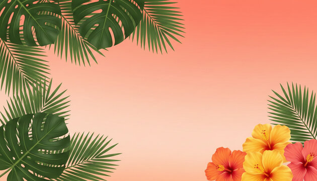 Tropical leaves and hibiscus flowers frame a soft gradient background, evoking a summer vacation and paradise, ideal for travel or resort themes