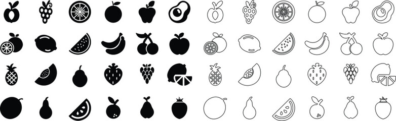 Fruit food icon set collection group in black flat and line style featuring apple, banana, orange, grape, lemon, berry synonym elements for healthy diet, fresh produce and nutrition design use © AbdulJabbar