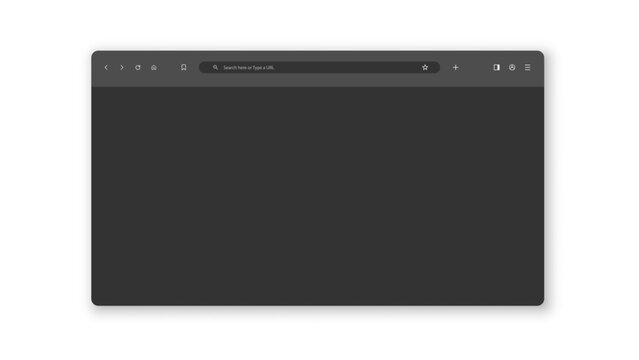 Minimalist dark mode internet browser window template featuring clean UI navigation elements, search bar, and functional icons isolated on a solid transparent background