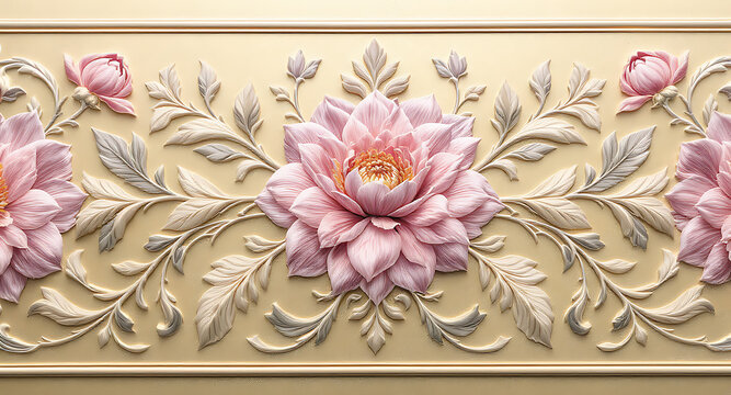 Elegant floral basrelief with pink lotus flowers and ornate leaves.