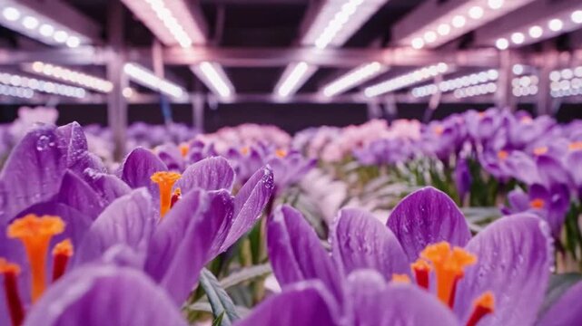 Close-up of purple saffron flowers growing under led lights in a modern indoor smart farming lab.