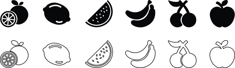 Fruit food icon set collection group in black flat and line style featuring apple, banana, orange, grape, lemon, berry synonym elements for healthy diet, fresh produce and nutrition design use © AbdulJabbar