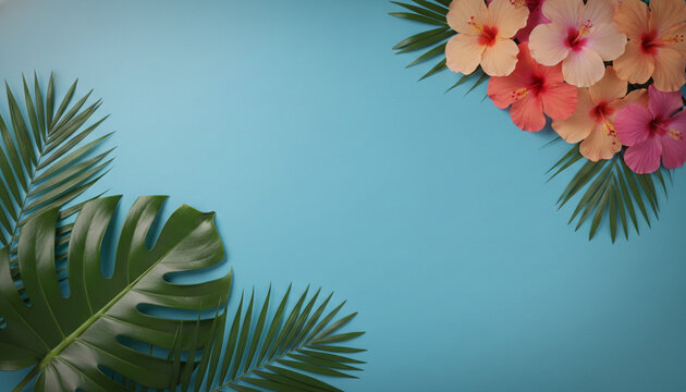 Arrangement of tropical hibiscus flowers and palm leaves on a solid blue background, evoking a sense of summer, vacation, and nature's vibrancy, with ample free space for text.