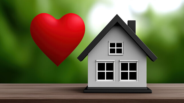 Gray house model and floating red heart for real estate investment home buying mortgage and property protection concept