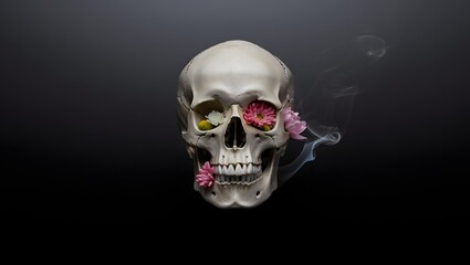 Obraz premium Human skull with flowers in eyes and mouth on dark background