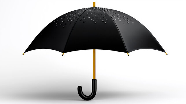 Black umbrella with gold shaft isolated on white for rain protection weather insurance and seasonal accessory concept