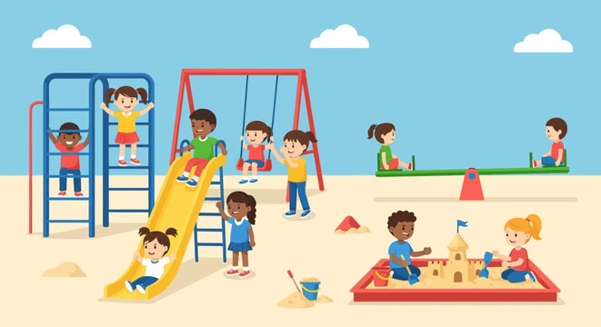 Diverse group of happy children playing together at a vibrant outdoor playground.