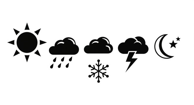 Weather Symbols Collection Including Sun Cloud Rain Snow Lightning Moon.
