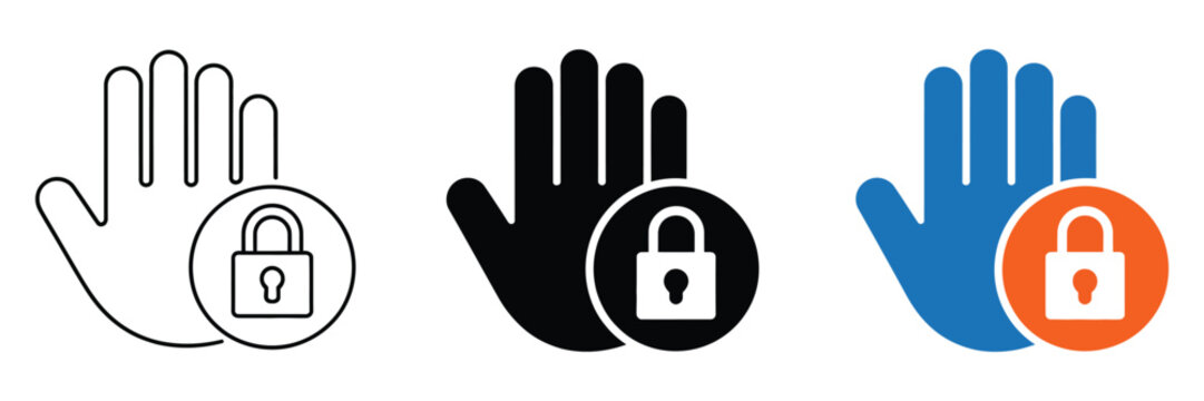 Restricted area flat line and filled icons, warning and prohibition symbol set, security and access control concept, modern vector design