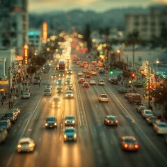 Fototapeta premium Cityscape at Dusk - A Tilt-Shift View of Urban Traffic.