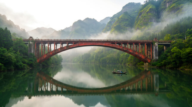 Red train crossing a stone bridge in a misty mountainous landscape