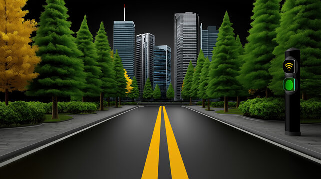 Night smart city avenue with green wifi traffic signal for connected urban mobility and digital infrastructure concept