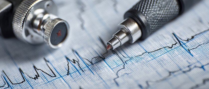Close-up of ECG graph with connectors and technical pen.
