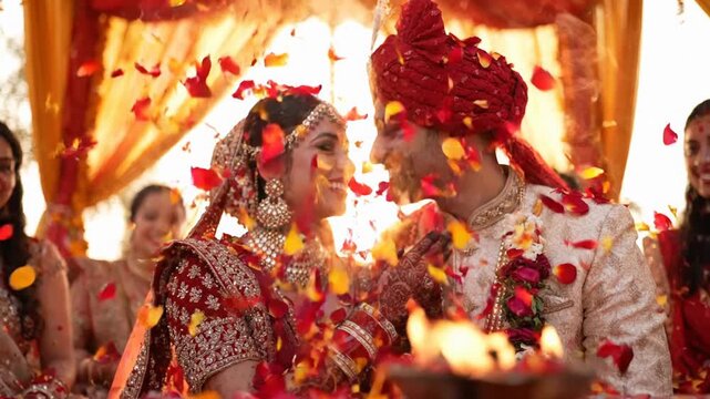 Joyful indian bride and groom smiling under falling rose petals in a warm golden wedding mandap ceremony.