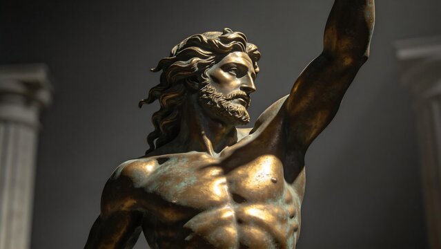 Bronze statue of a bearded man with raised arm
