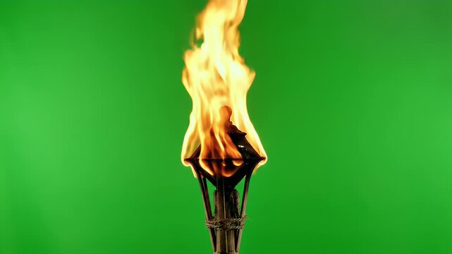 A brightly burning torch with vibrant flames is displayed against a vivid green screen background, creating a dynamic and visually striking image.