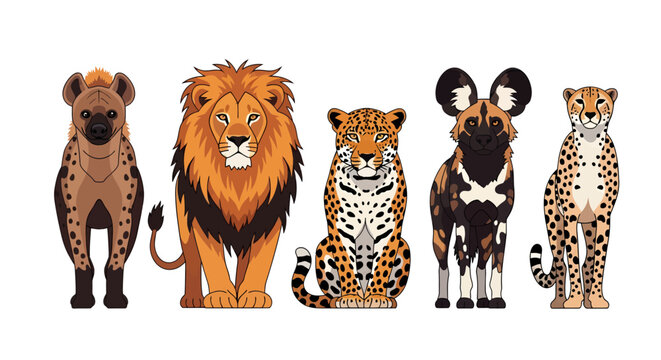 Diverse illustration of African safari animals. Features a majestic lion, sleek leopard, swift cheetah, cunning hyena, and distinctive wild dog characters