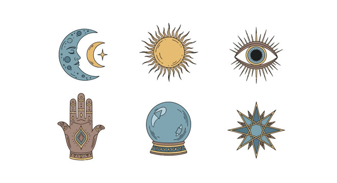 Set of mystical esoteric celestial icons in hand drawn style