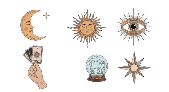 Celestial and Mystical Esoteric Icons with Sun Moon and Tarot