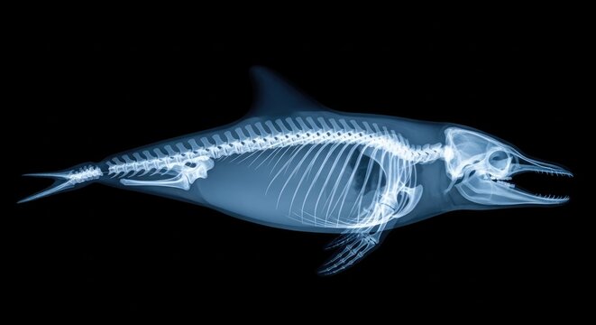 Blue X Ray Fish Skeleton Displayed on Black Background