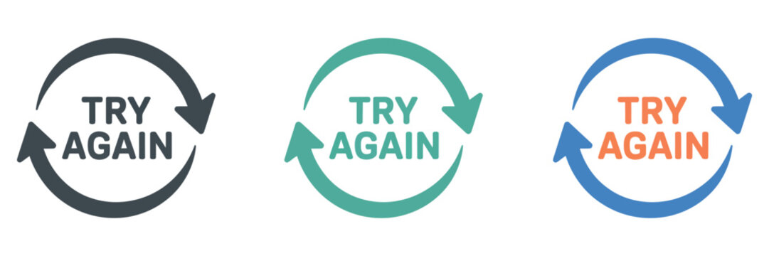 Try again text vector signs set, persistence and determination concept designs, motivational typography icons, modern flat vector collection for feedback messages