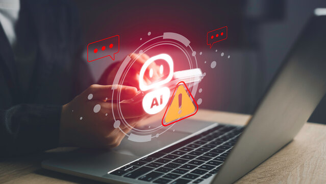 AI chatbot risk and warning concept with glowing alert icon on mobile device. Artificial intelligence errors, communication issues, technology threats, and cybersecurity problems in digital systems.