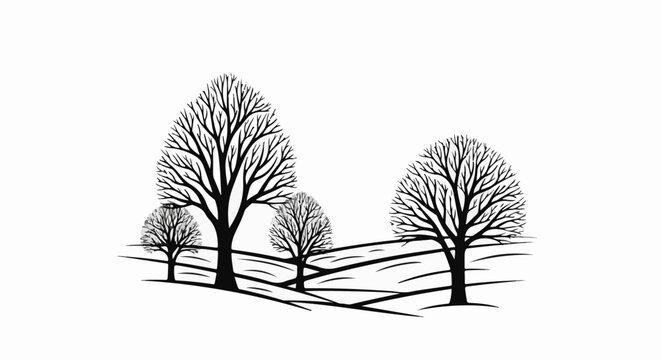 Silhouette of bare trees on rolling hills