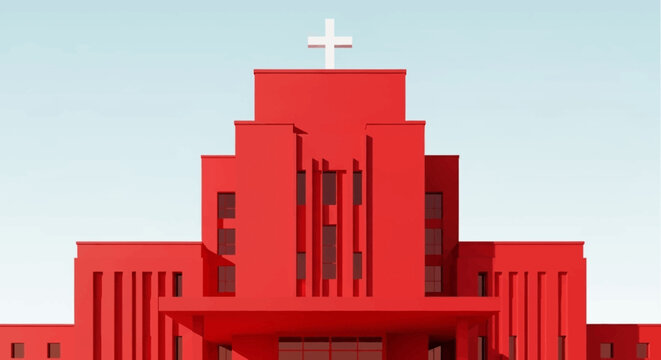 Minimalist architectural rendering of a red church with a cross on a blue sky background