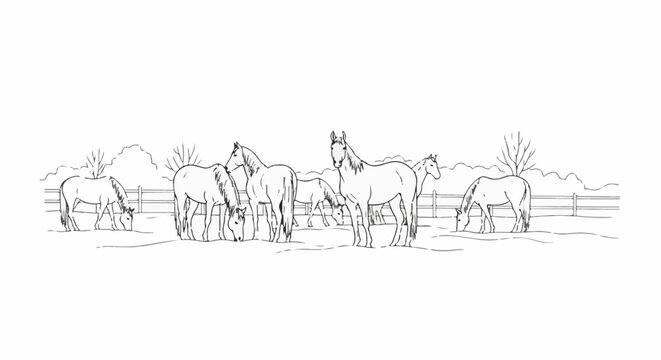 A line drawing depicts several horses grazing in a fenced field with bare trees